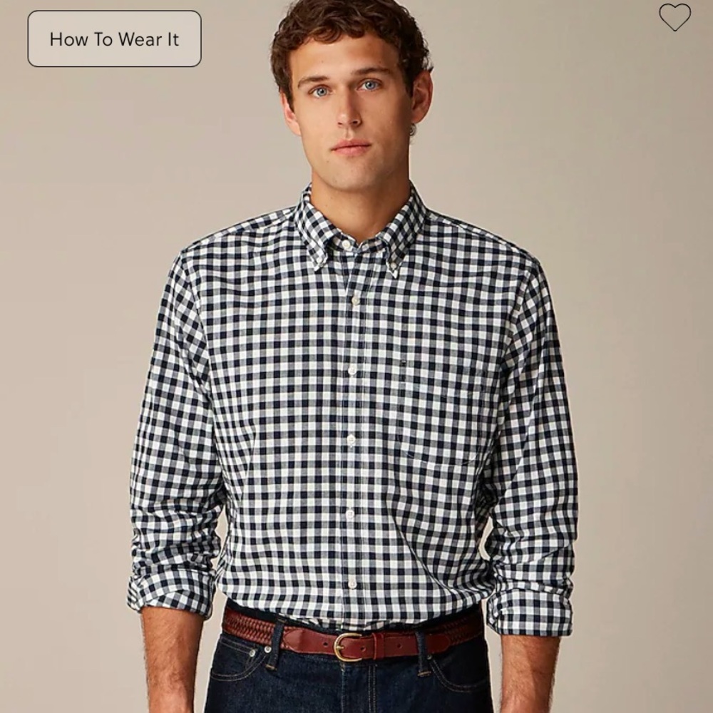 J. Crew Men's Navy and White Checkered Gingham Ludlow Button Down Shirt